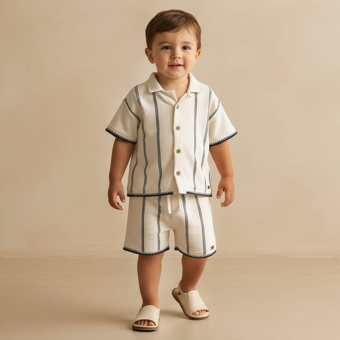Giggles Camp Collar Short Sleeves Shirt and Shorts Set with Stripes - Cream / 24-36 mths