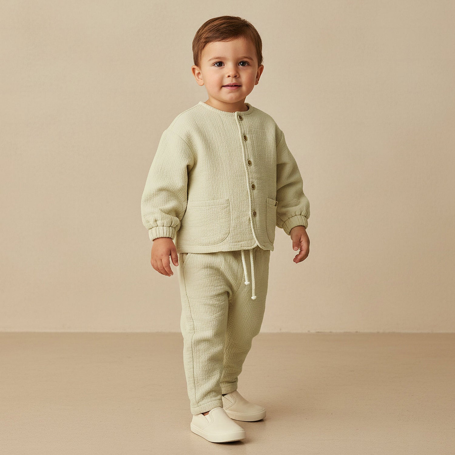 Giggles Crew Neck Long Sleeves Top and Pants Set with Textured Design - Green / 12-18 mths