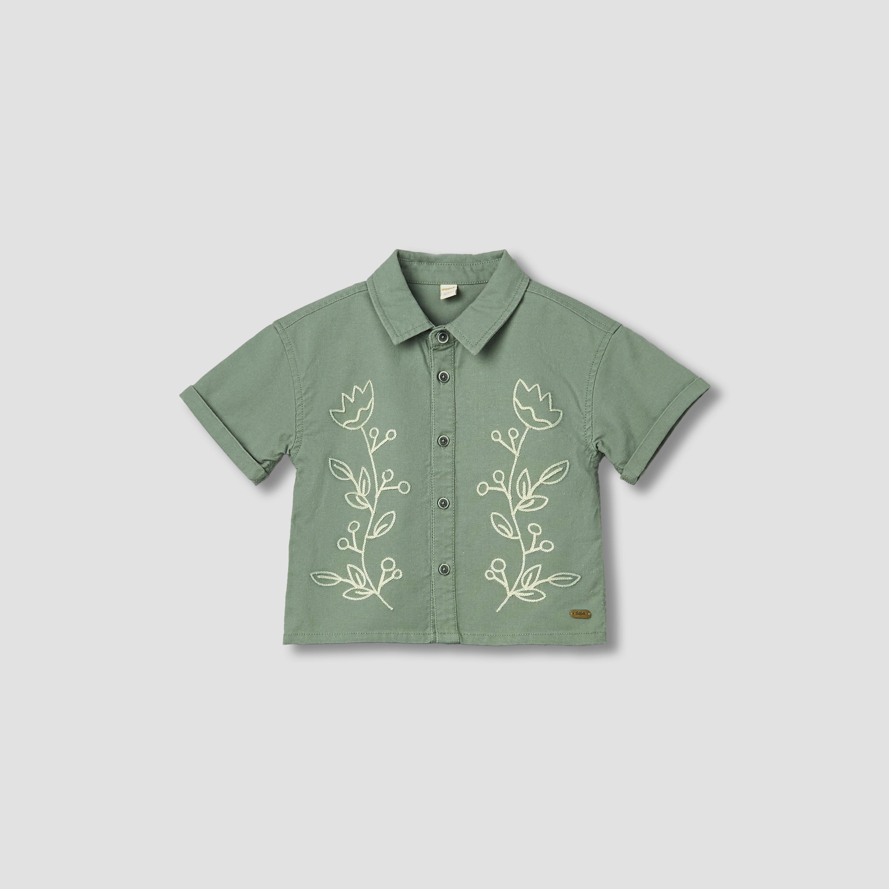 Giggles Collared Short Sleeves Shirt and Shorts Set with Floral Embroidery