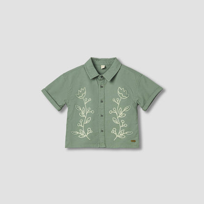 Giggles Collared Short Sleeves Shirt and Shorts Set with Floral Embroidery