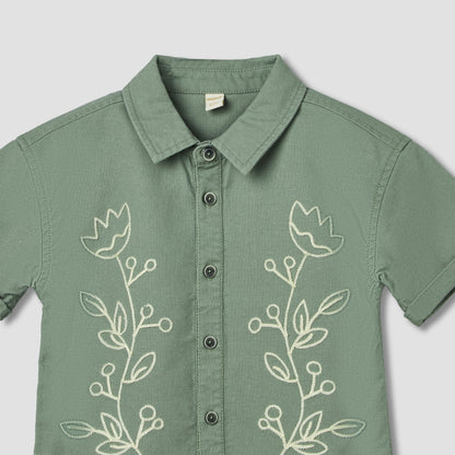 Giggles Collared Short Sleeves Shirt and Shorts Set with Floral Embroidery