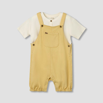 Giggles Henley Neck Short Sleeves T-shirt and Dungaree Set with Chest Pocket