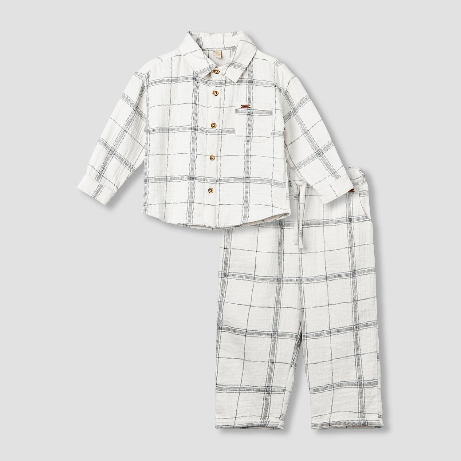 Giggles Collared Long Sleeves Shirt and Pants Set with Checked Design