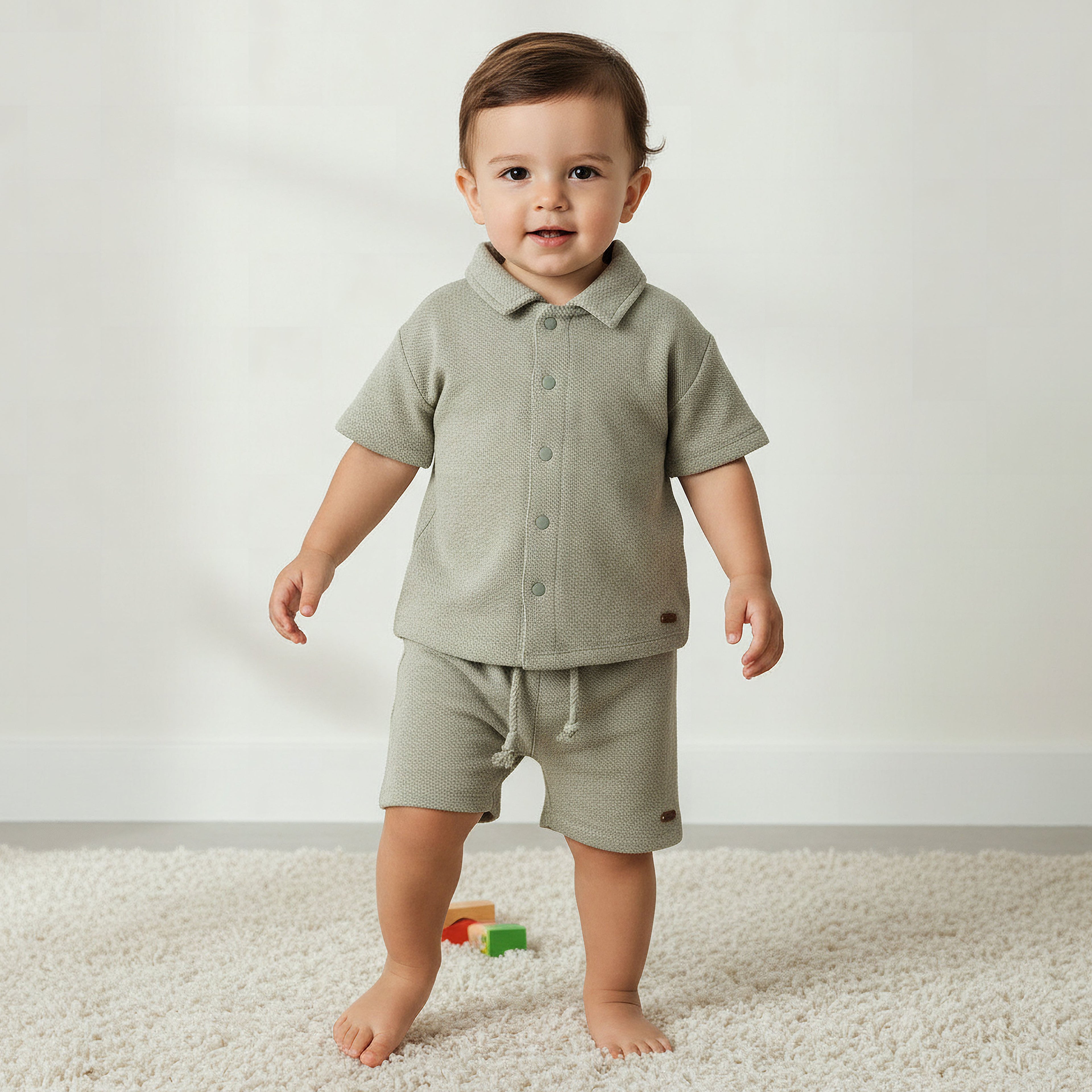 Giggles Collared Neck Short Sleeve Shirt and Shorts Set with Drawstring Closure - Green / 12-18 mths