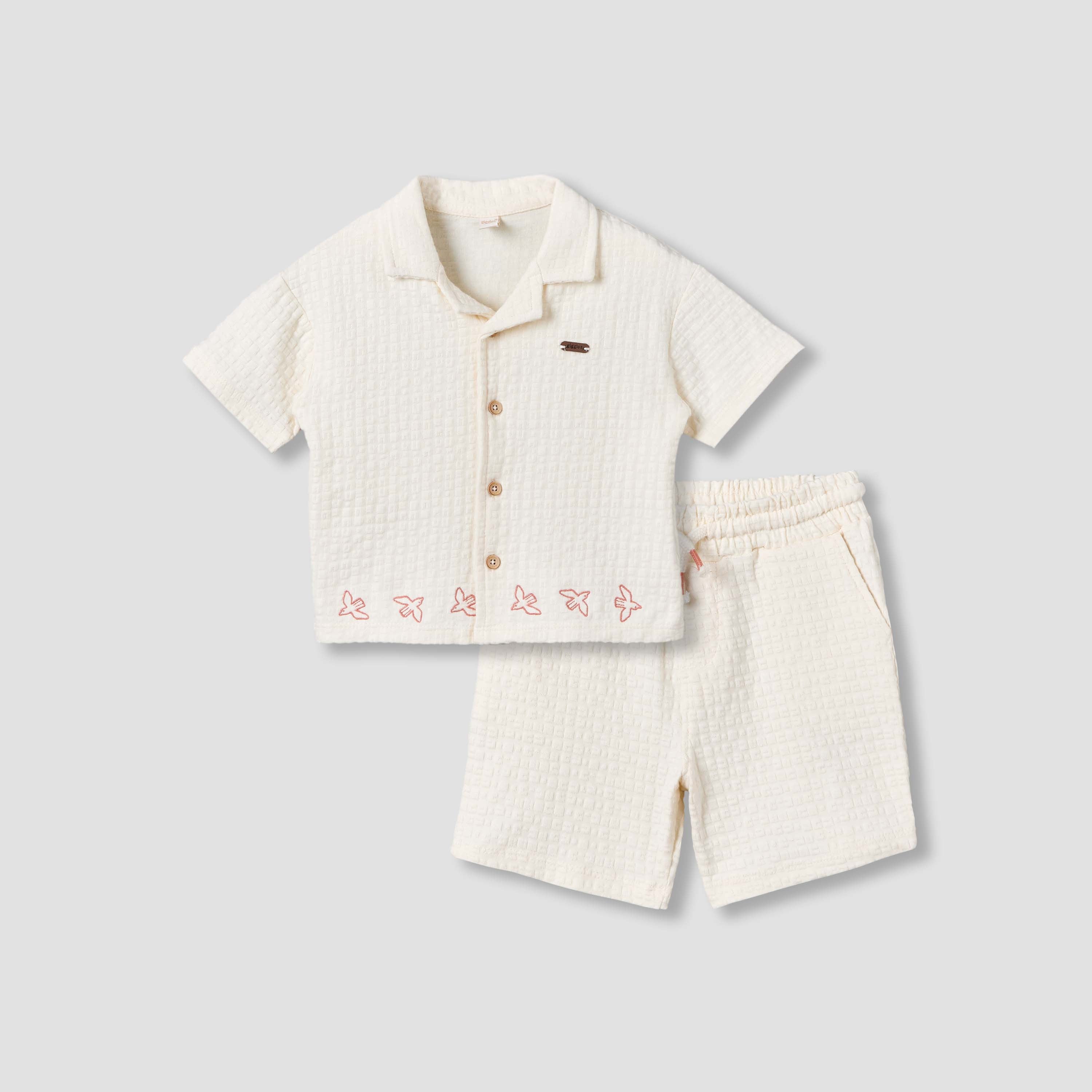 Giggles Collared Short Sleeves Shirt and Shorts Set with Embroidered Design - Cream / 12-18 mths