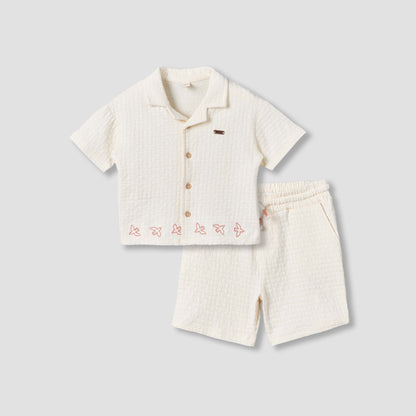 Giggles Collared Short Sleeves Shirt and Shorts Set with Embroidered Design - Cream / 12-18 mths