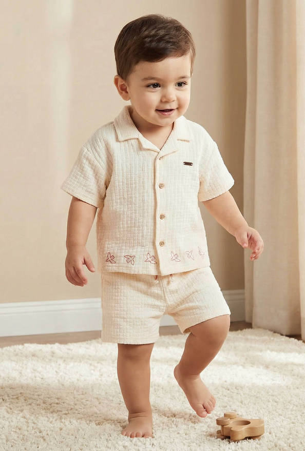 Giggles Collared Short Sleeves Shirt and Shorts Set with Embroidered Design