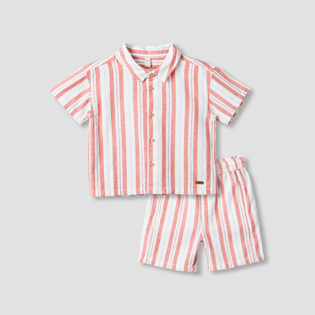 Giggles Collared Short Sleeve Shirt and Shorts Set with Stripes