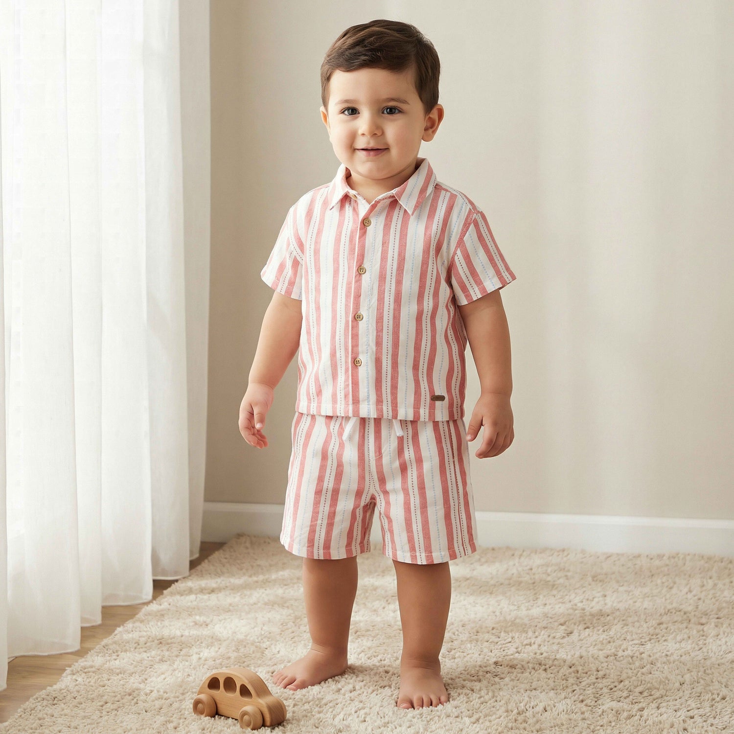 Giggles Collared Short Sleeve Shirt and Shorts Set with Stripes - Multicolour / 24-36 mths