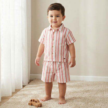Giggles Collared Short Sleeve Shirt and Shorts Set with Stripes - Multicolour / 24-36 mths