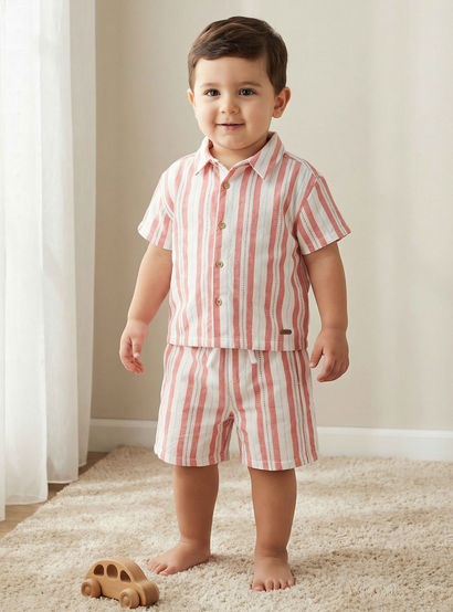 Giggles Collared Short Sleeve Shirt and Shorts Set with Stripes-baby-boys-clothing-setsandcoords-image-1