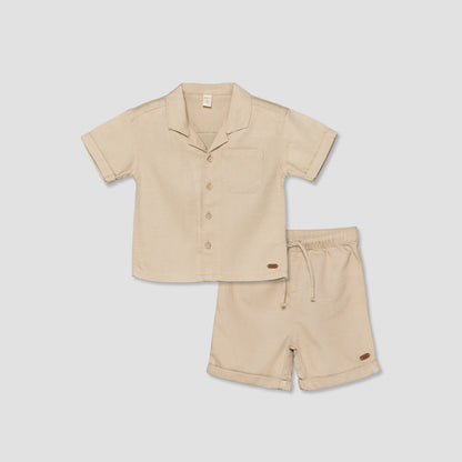 Giggles Collared Short Sleeves Shirt and Shorts Set with Chest Pocket - Beige / 18-24 mths