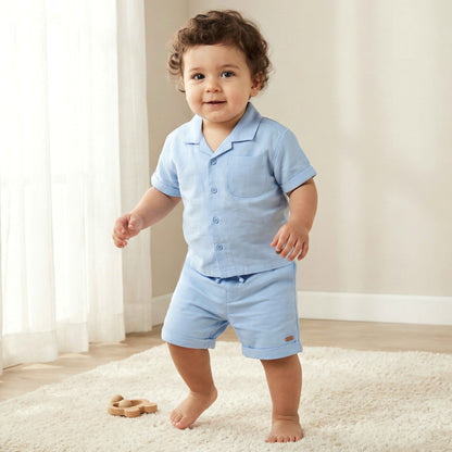 Giggles Camp Collar Short Sleeves Shirt and Shorts Set with Solid Design - Blue / 18-24 mths