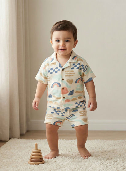 Giggles Collared Short Sleeves Shirt and Shorts Set with Abstract Print-baby-boys-clothing-setsandcoords-image-1