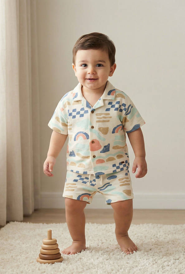 Giggles Collared Short Sleeves Shirt and Shorts Set with Abstract Print