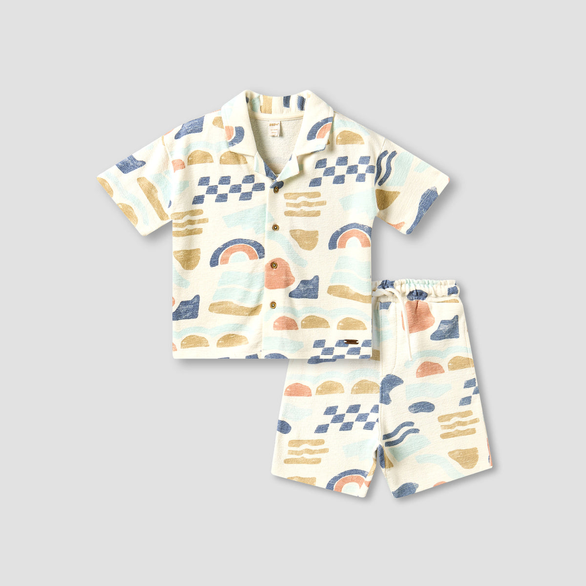 Giggles Collared Short Sleeves Shirt and Shorts Set with Abstract Print