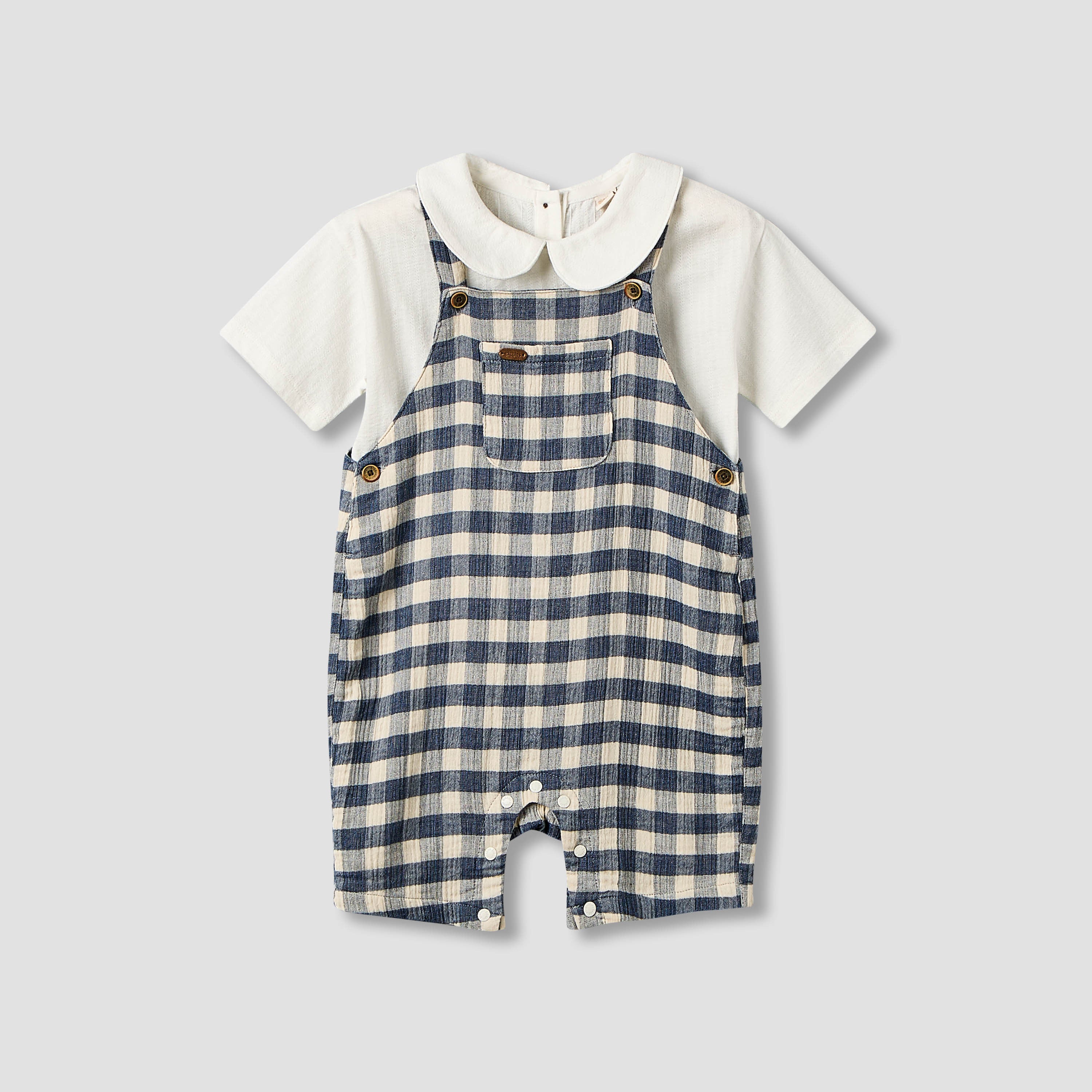 Giggles Collared Short Sleeve Top and Dungaree Set with Button Closure - Black / 18-24 mths