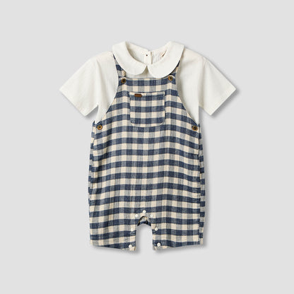 Giggles Collared Short Sleeve Top and Dungaree Set with Button Closure - Black / 18-24 mths