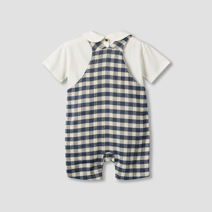 Giggles Collared Short Sleeve Top and Dungaree Set with Button Closure