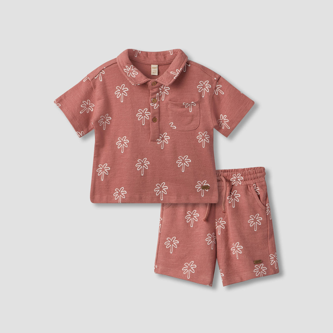 Giggles Collared Short Sleeves Polo T-shirt and Shorts Set with Palm Tree Print