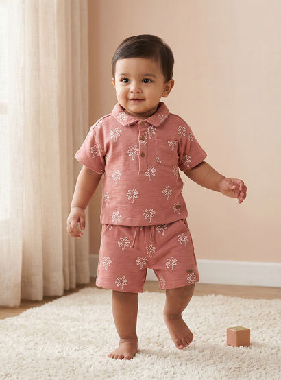 Giggles Collared Short Sleeves Polo T-shirt and Shorts Set with Palm Tree Print-baby-boys-clothing-setsandcoords-image-1