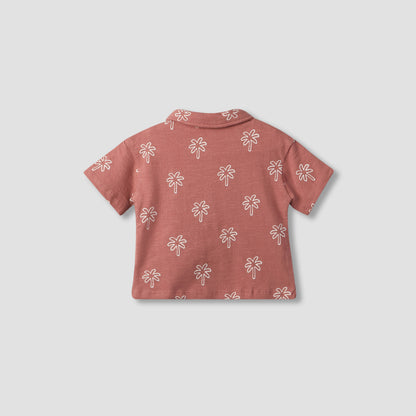 Giggles Collared Short Sleeves Polo T-shirt and Shorts Set with Palm Tree Print