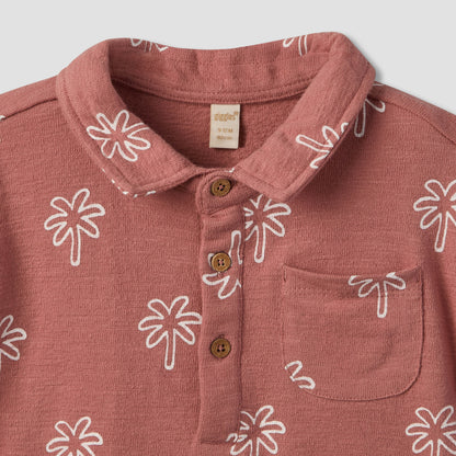 Giggles Collared Short Sleeves Polo T-shirt and Shorts Set with Palm Tree Print