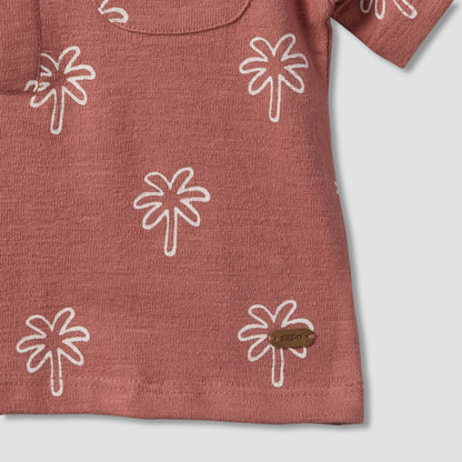 Giggles Collared Short Sleeves Polo T-shirt and Shorts Set with Palm Tree Print