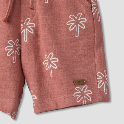 Giggles Collared Short Sleeves Polo T-shirt and Shorts Set with Palm Tree Print