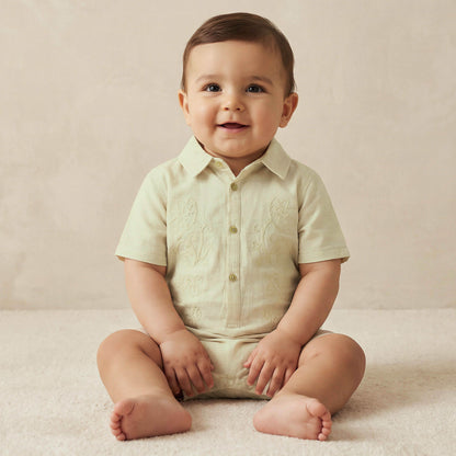 Giggles Collared Short Sleeves Romper with Embroidery