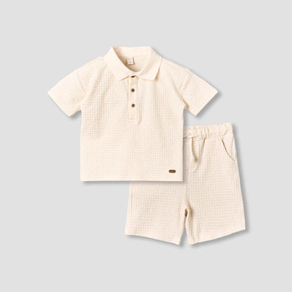 Giggles Collared Short Sleeve Polo T-shirt and Shorts Set with Texture