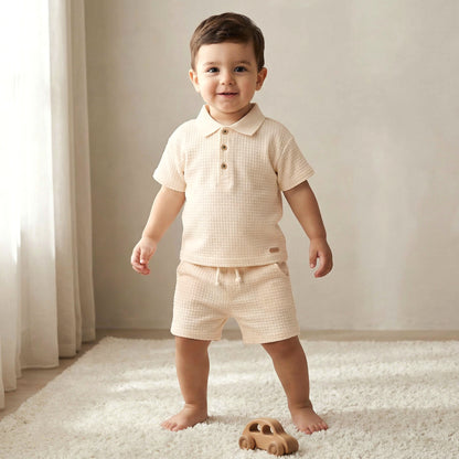 Giggles Collared Short Sleeve Polo T-shirt and Shorts Set with Texture - Cream / 12-18 mths