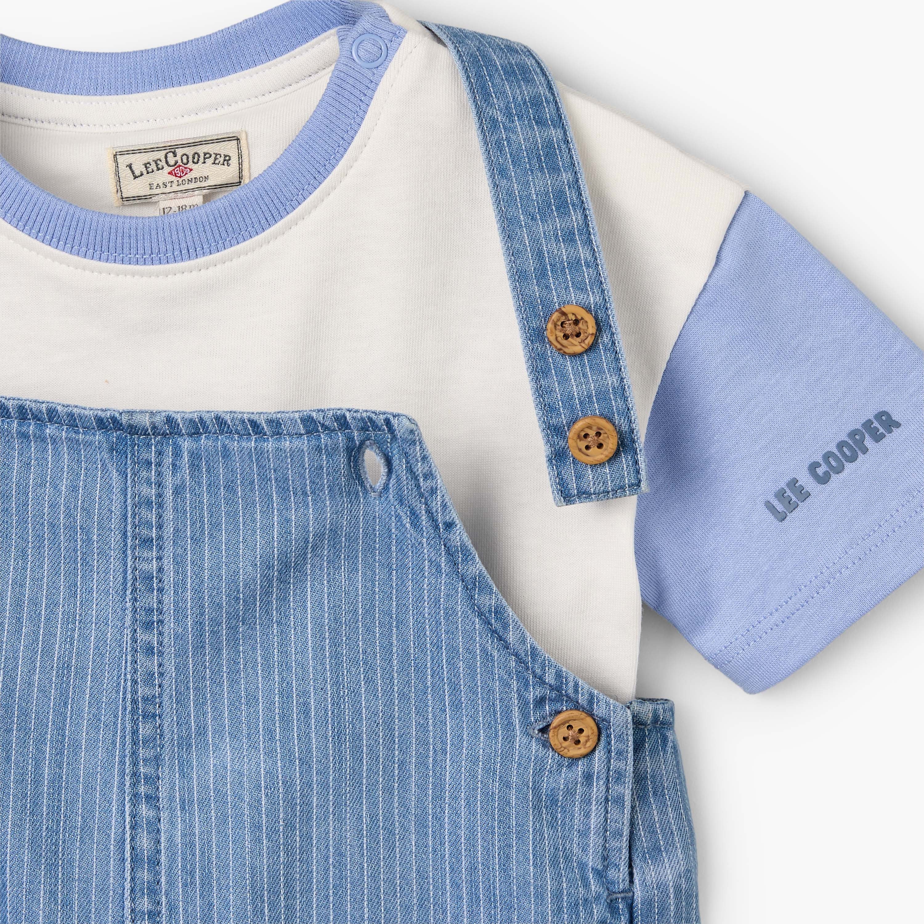 Lee Cooper Round Neck Short Sleeve T-shirt and Dungaree Set with Button Closure