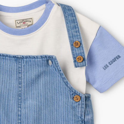 Lee Cooper Round Neck Short Sleeve T-shirt and Dungaree Set with Button Closure