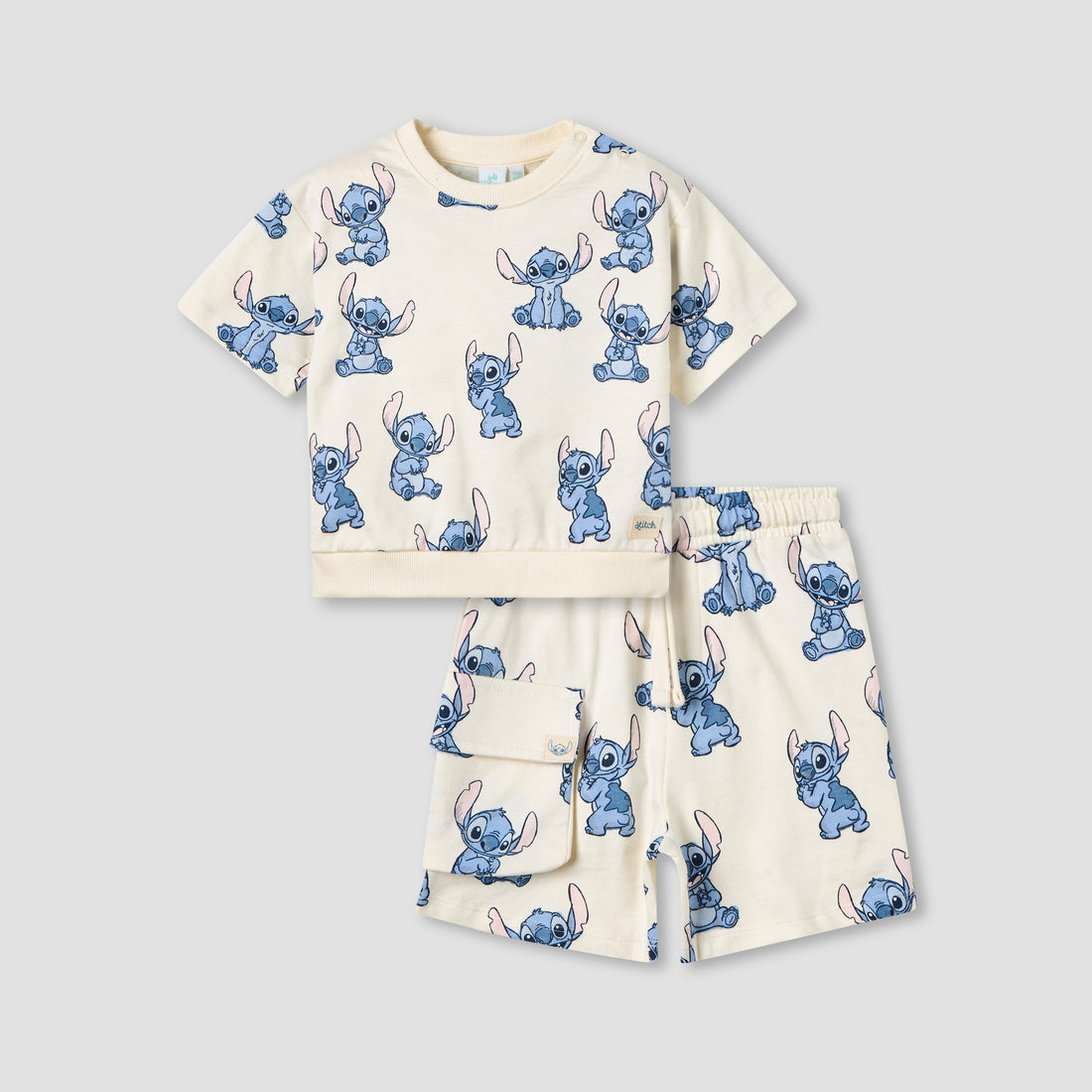 Disney Crew Neck Short Sleeves T-shirt and Shorts Set with Stitch Print - Cream / 12-18 mths