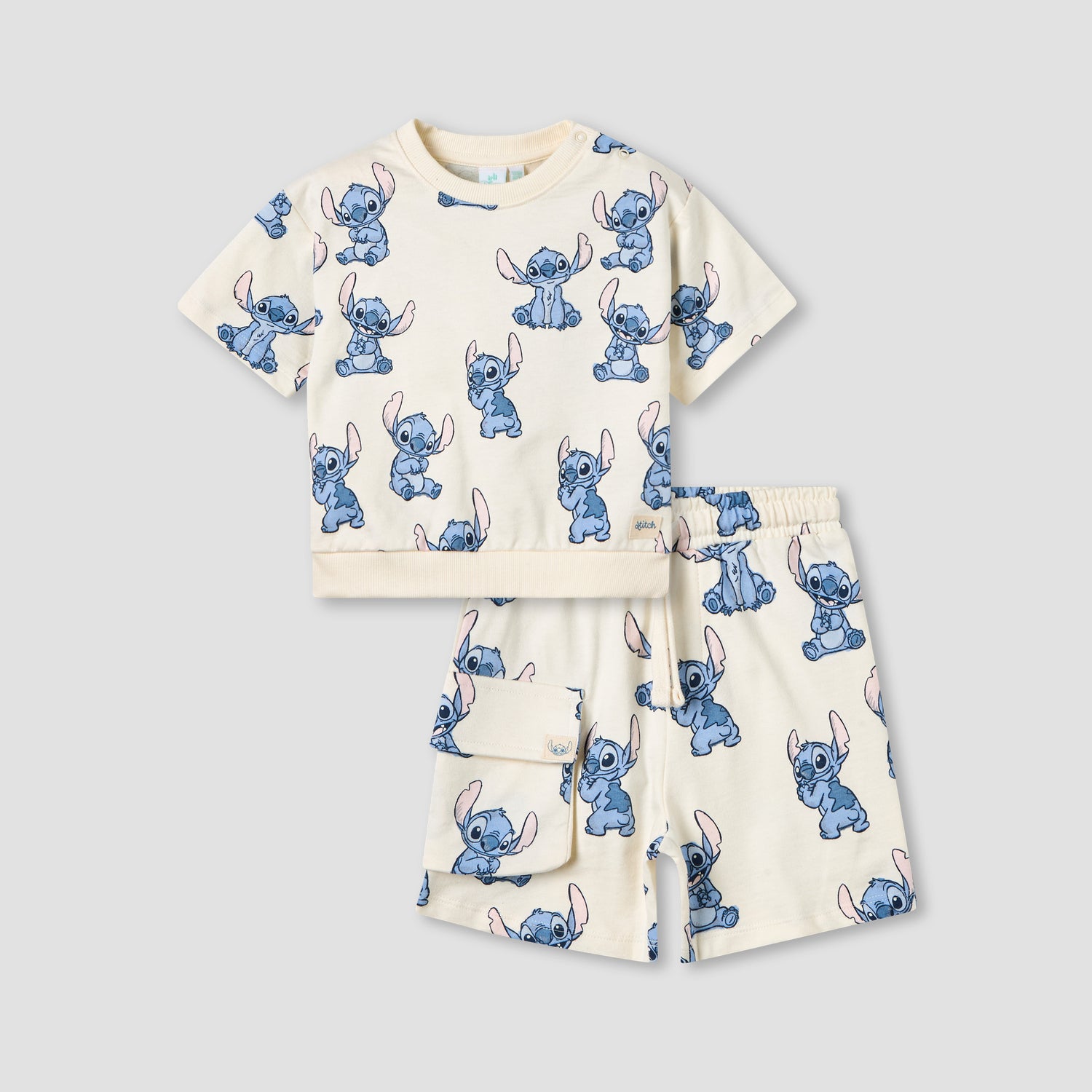 Disney Crew Neck Short Sleeves T-shirt and Shorts Set with Stitch Print - Cream / 12-18 mths