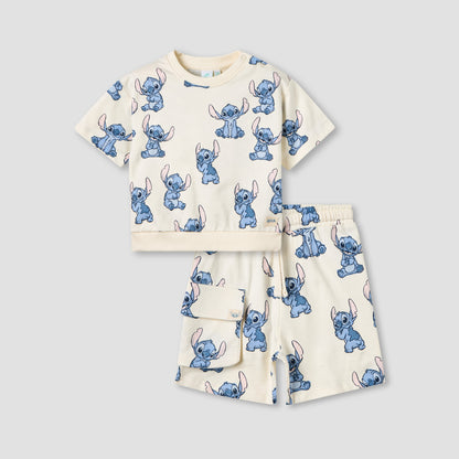 Disney Crew Neck Short Sleeves T-shirt and Shorts Set with Stitch Print - Cream / 12-18 mths