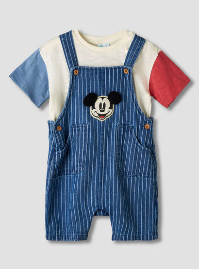 Disney Crew Neck Short Sleeves T-shirt and Dungaree Set with Stripes and Mickey Mouse Applique-baby-boys-clothing-setsandcoords-image-2