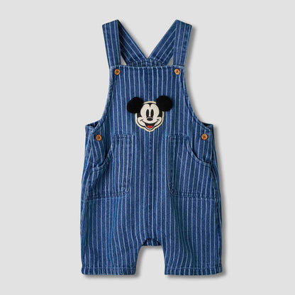 Disney Crew Neck Short Sleeves T-shirt and Dungaree Set with Stripes and Mickey Mouse Applique