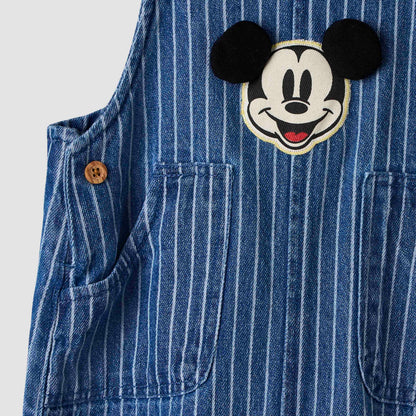 Disney Crew Neck Short Sleeves T-shirt and Dungaree Set with Stripes and Mickey Mouse Applique