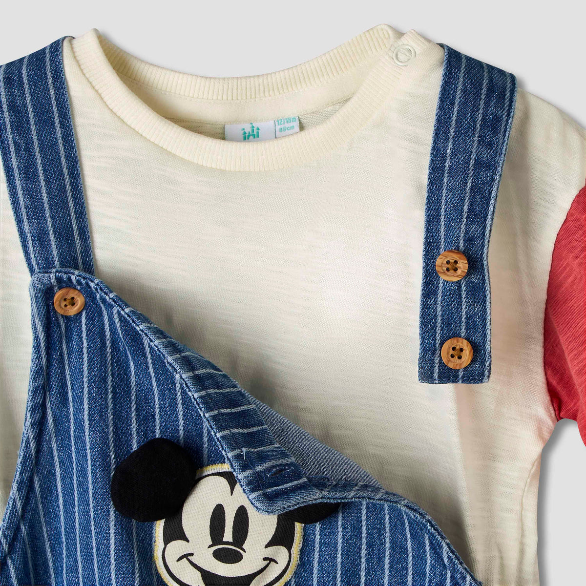 Disney Crew Neck Short Sleeves T-shirt and Dungaree Set with Stripes and Mickey Mouse Applique