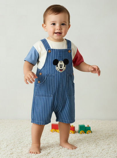 Disney Crew Neck Short Sleeves T-shirt and Dungaree Set with Stripes and Mickey Mouse Applique-baby-boys-clothing-setsandcoords-image-1