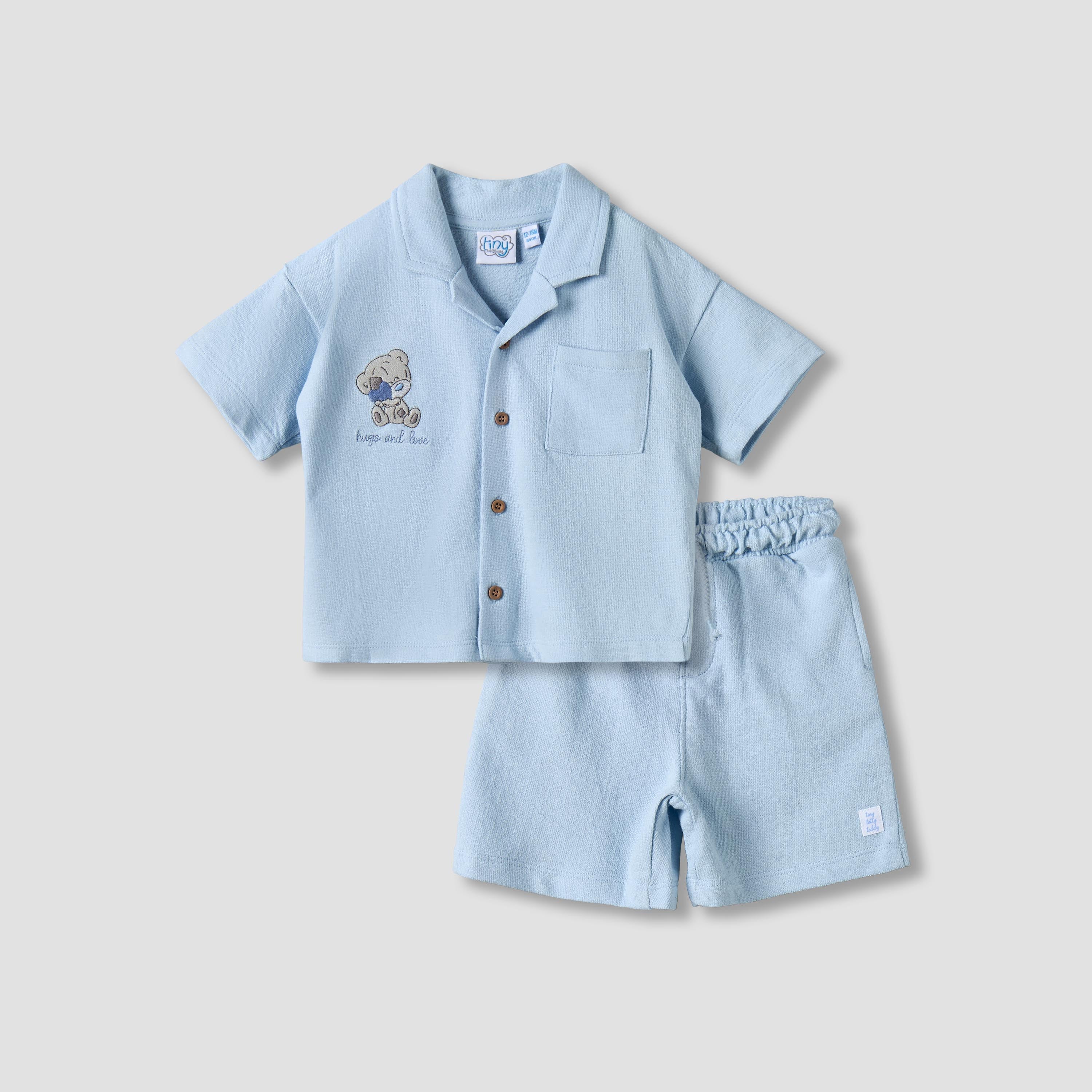 Tiny Tatty Teddy Collared Short Sleeves Shirt and Shorts Set with Embroidery - Blue / 12-18 mths
