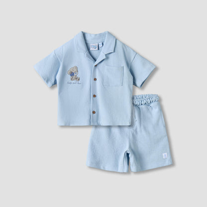 Tiny Tatty Teddy Collared Short Sleeves Shirt and Shorts Set with Embroidery - Blue / 12-18 mths