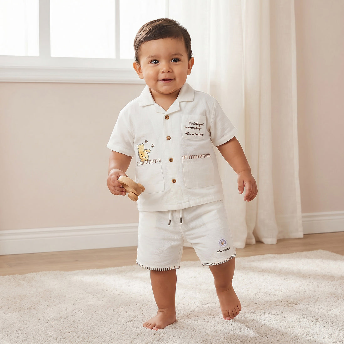 Disney Collared Short Sleeve Shirt and Shorts Set with Winnie the Pooh Print - White / 18-24 mths