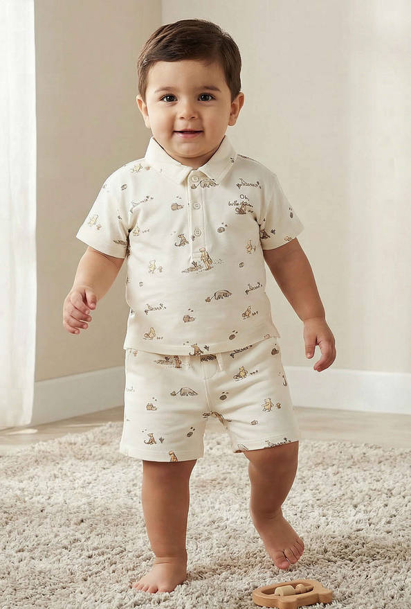 Disney Collared Short Sleeves Polo T-shirt and Shorts Set with Winnie the Pooh Print
