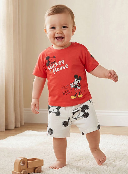 Disney Crew Neck Short Sleeves T-shirt and Shorts Set with Mickey Mouse Print-baby-boys-clothing-setsandcoords-image-1