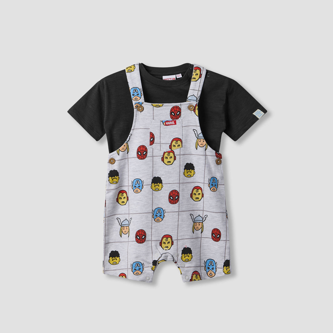 Crew Neck Short Sleeves T-shirt and Dungaree Set with Avengers Print