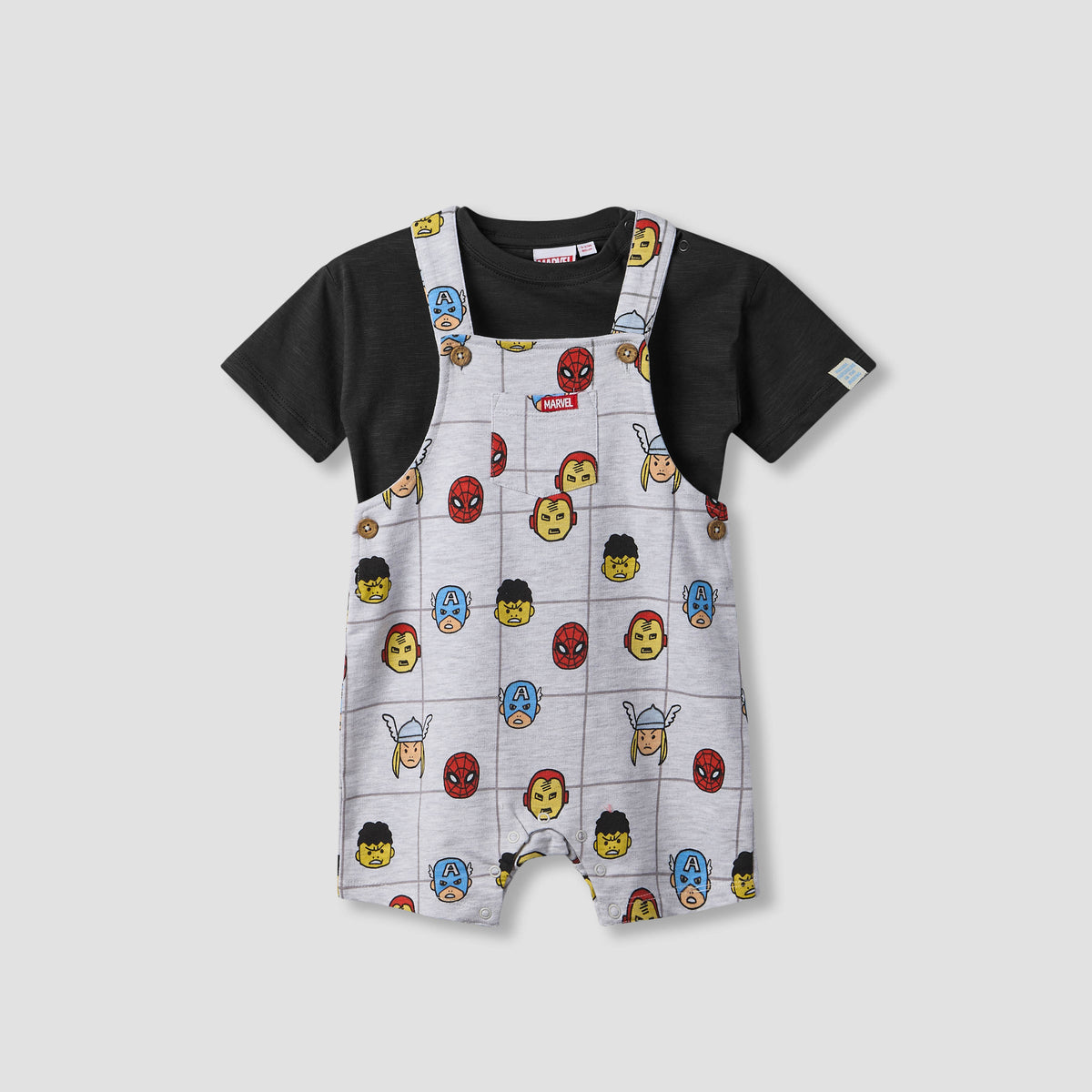 Crew Neck Short Sleeves T-shirt and Dungaree Set with Avengers Print