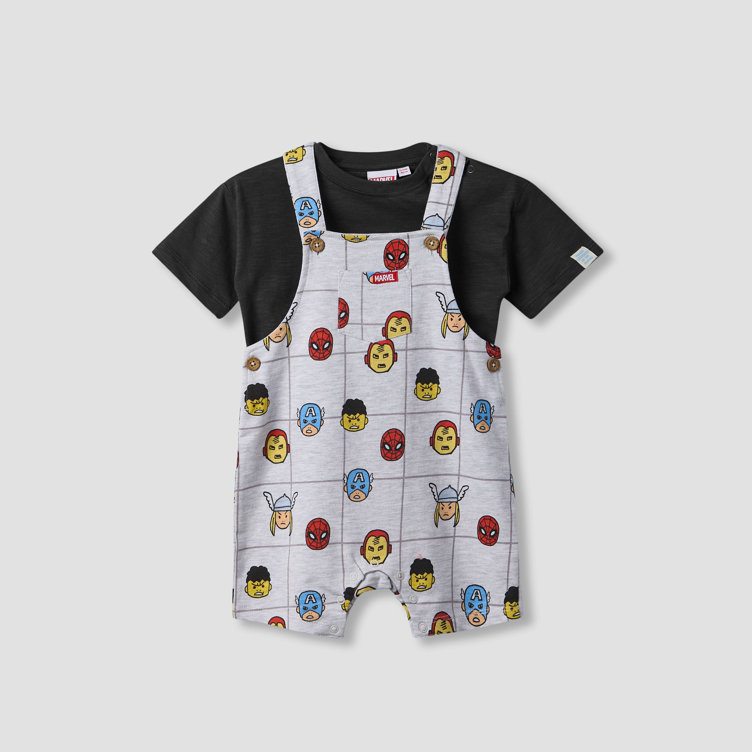 Crew Neck Short Sleeves T-shirt and Dungaree Set with Avengers Print